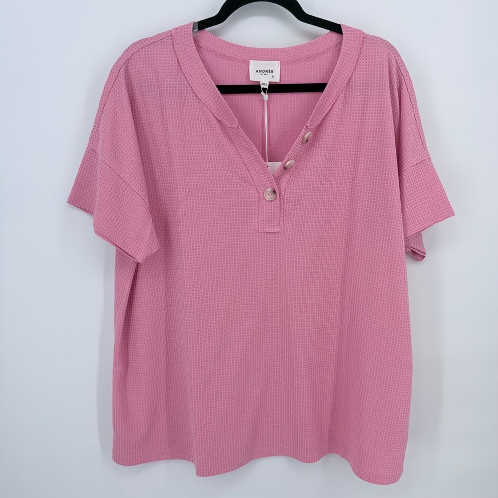 Andree by Unit Waffle Knit Henley‎ Top Women 1X Pink NEW Short Sleeve V-Neck